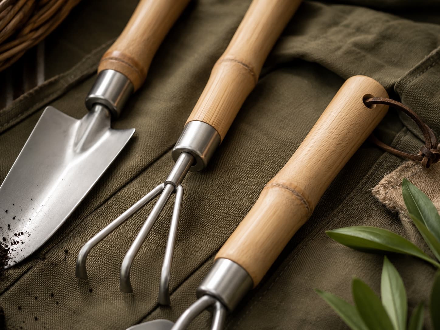 Close view of smooth bamboo garden tool handles and metal ferrules