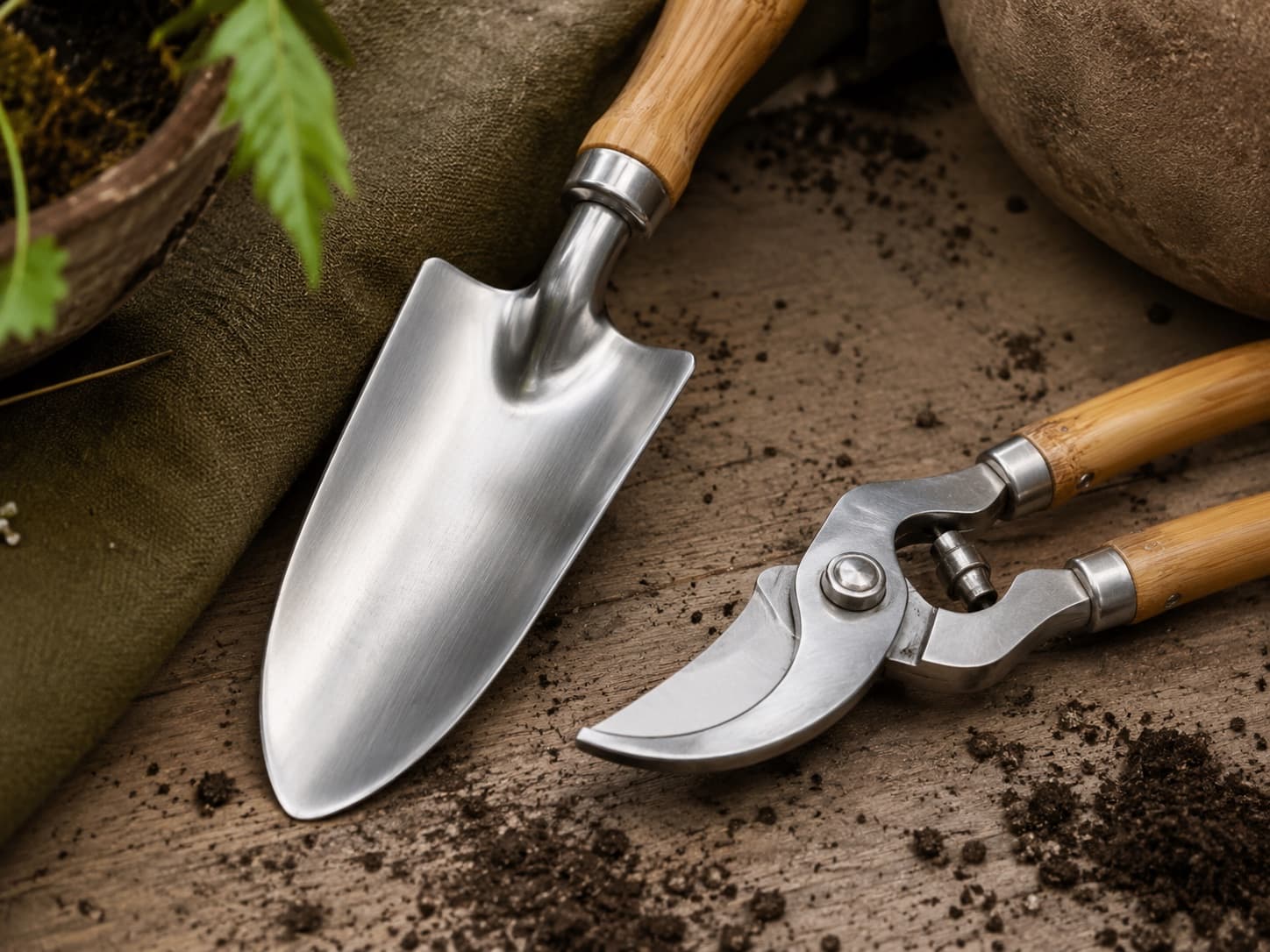 Close view of clean stainless garden tool working edges