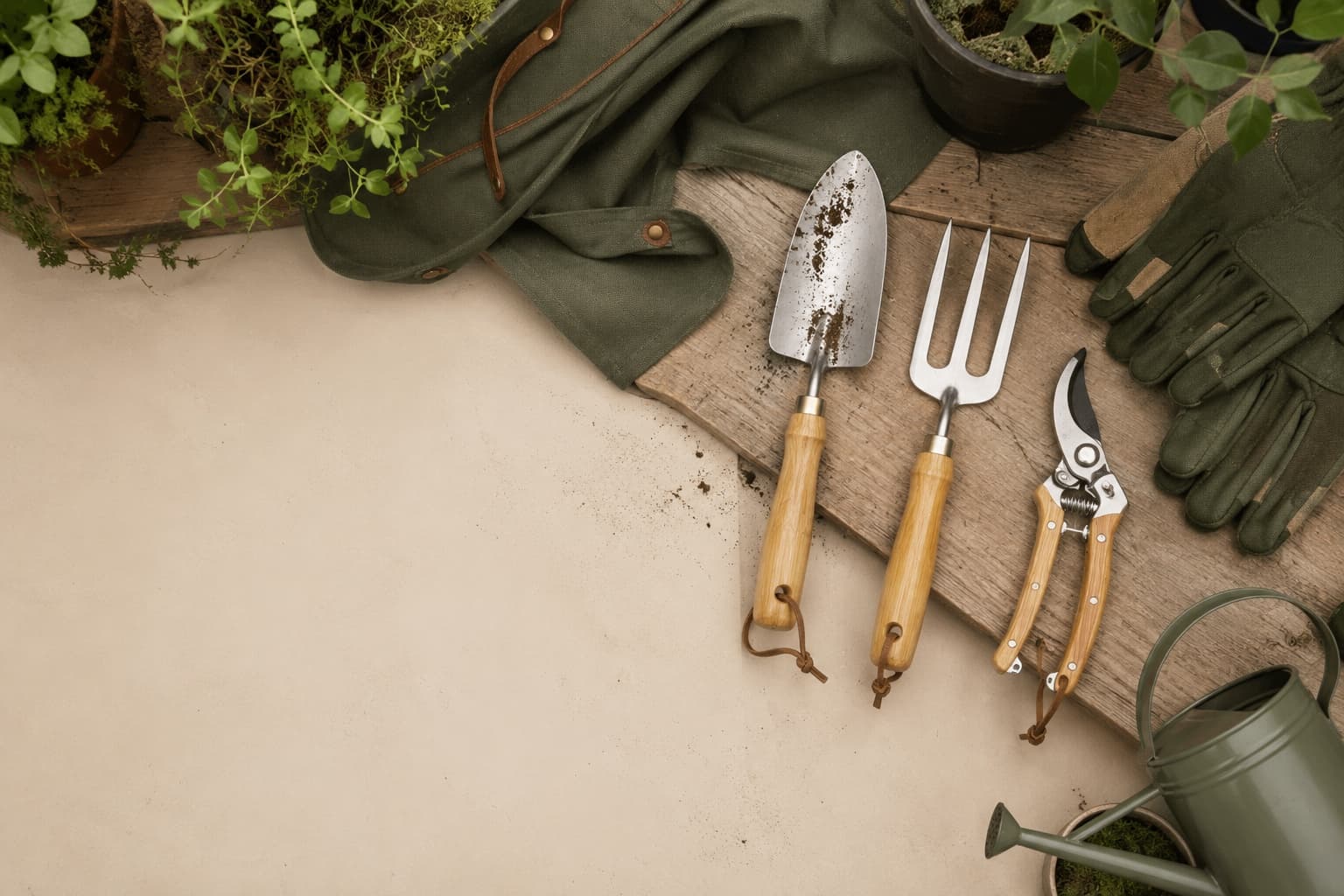 Hand tools, gloves and a watering can arranged across a natural garden workbench