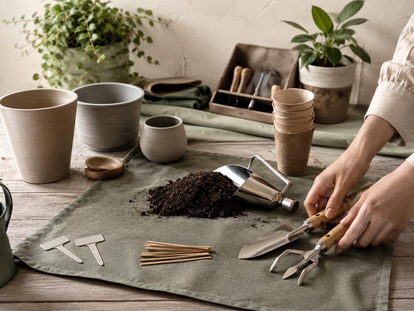 A potting-up workspace with empty vessels, a scoop and blank labels