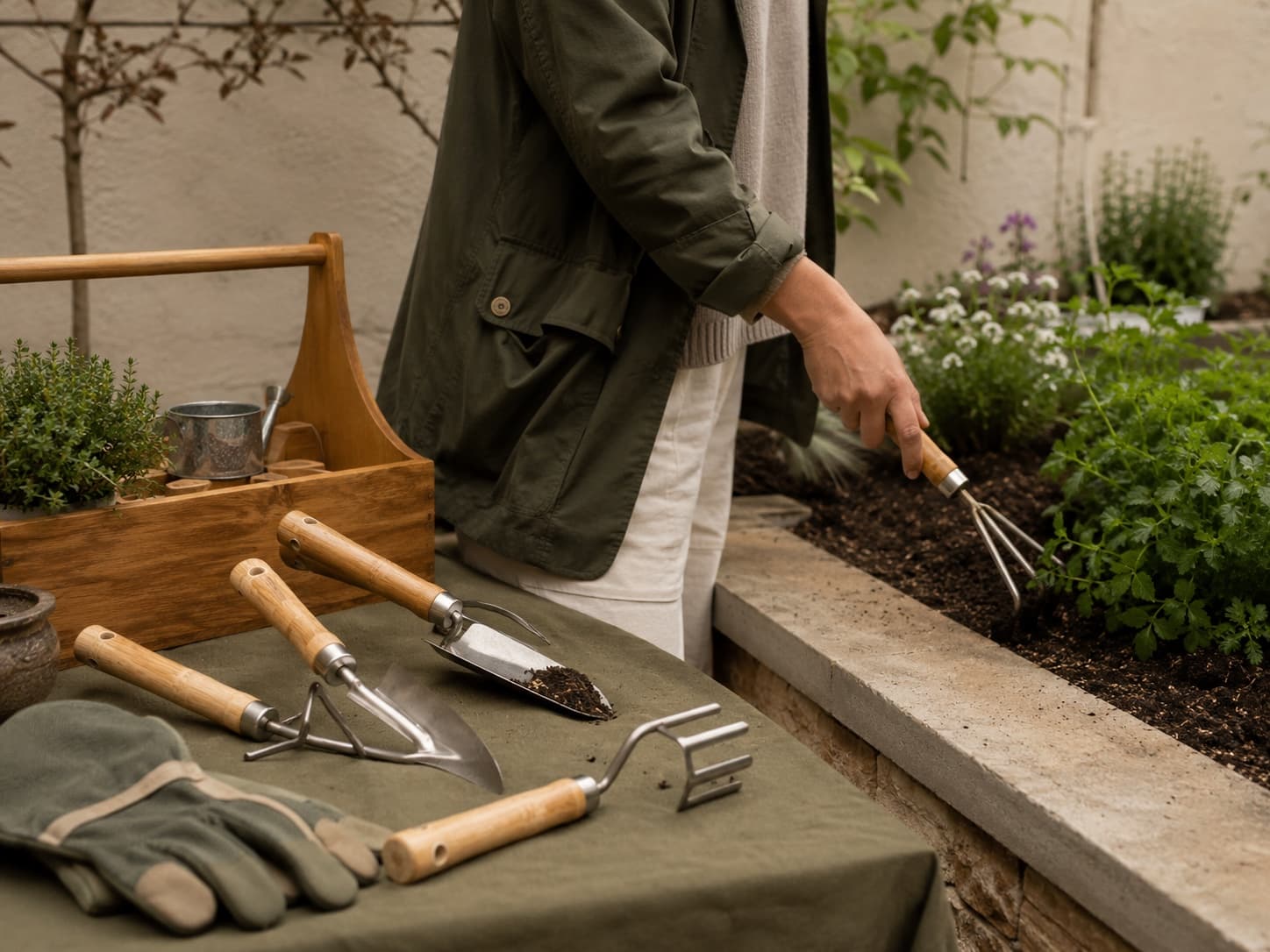 Manual garden tools in use beside an established small garden border