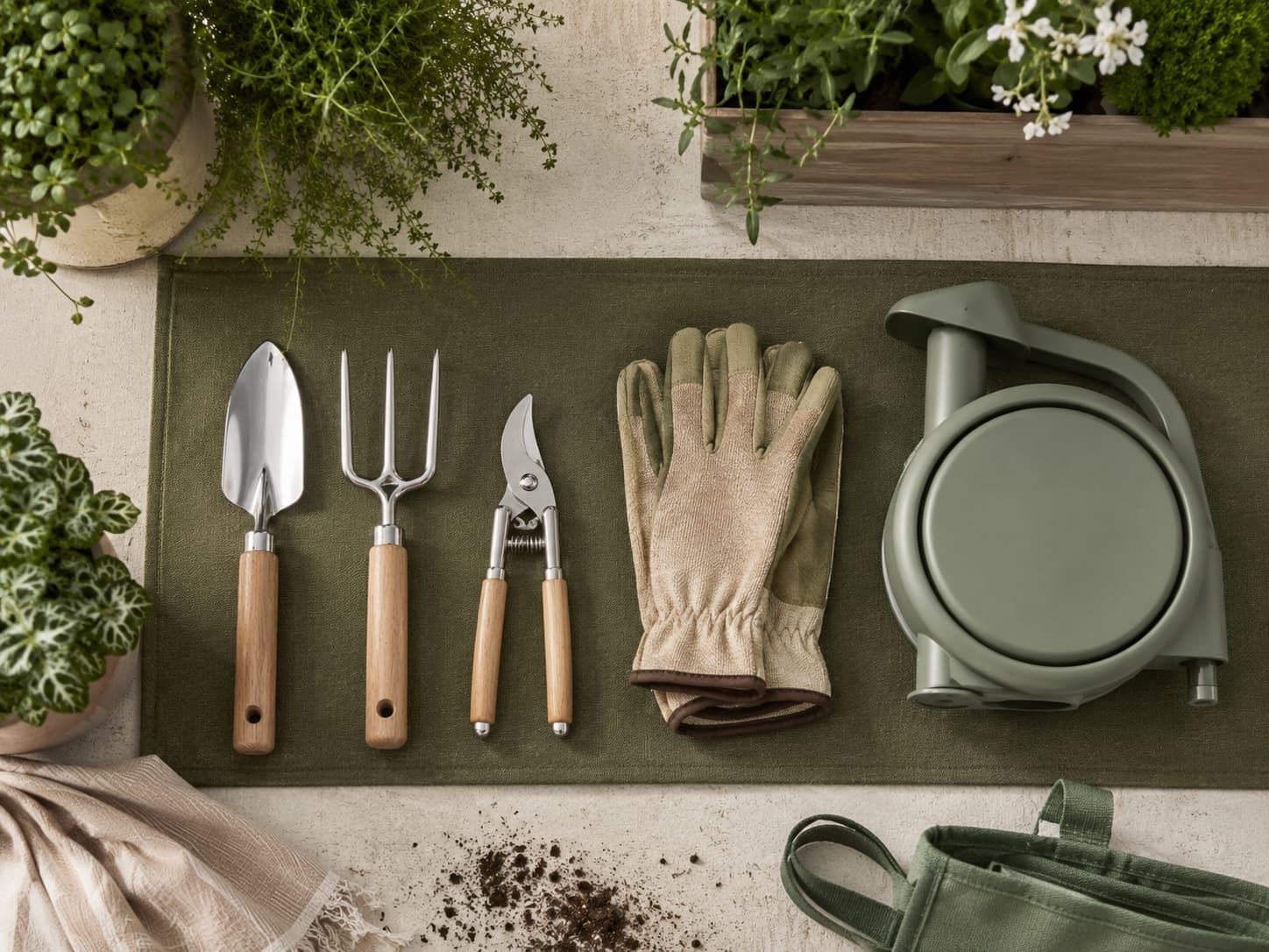 Balcony Starter Kit garden tool set arranged on a workbench