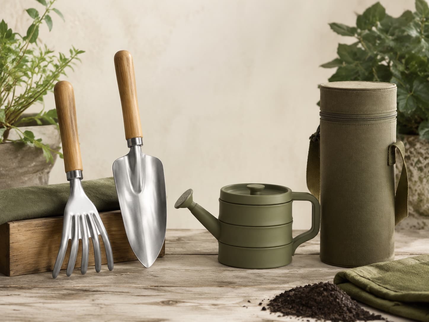 Compact Shed Kit garden tool set arranged on a workbench