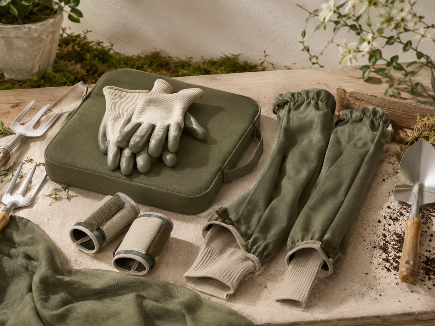 Gloves & Protection Set garden tool set arranged on a workbench
