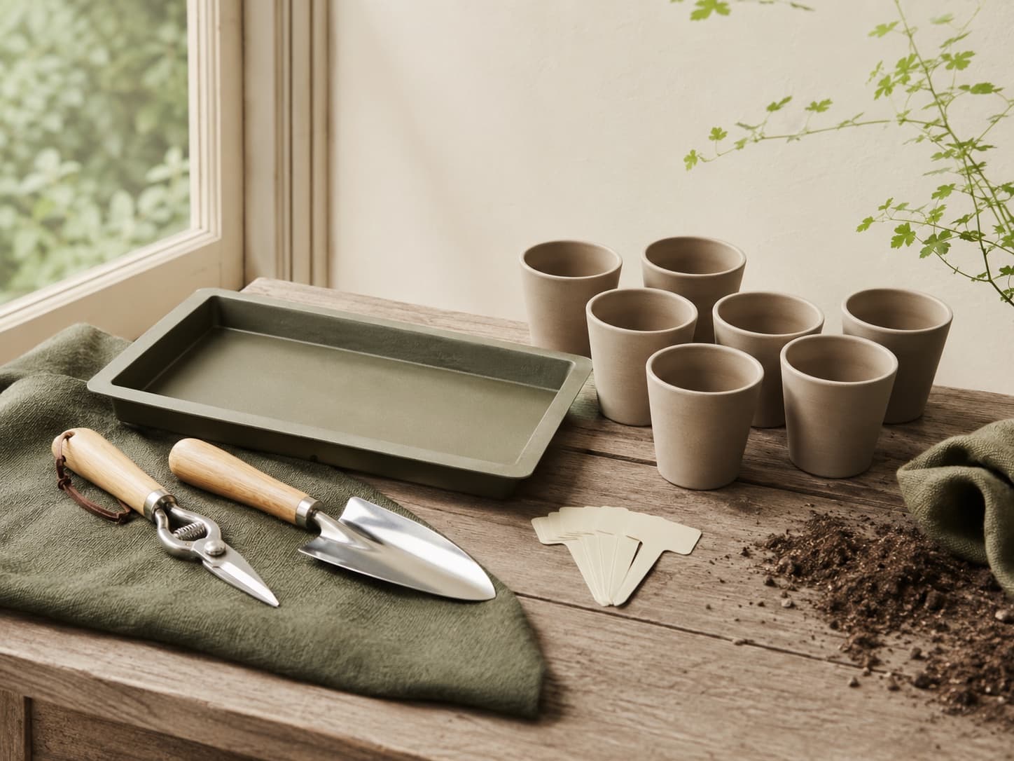 Herb Corner Kit garden tool set arranged on a workbench
