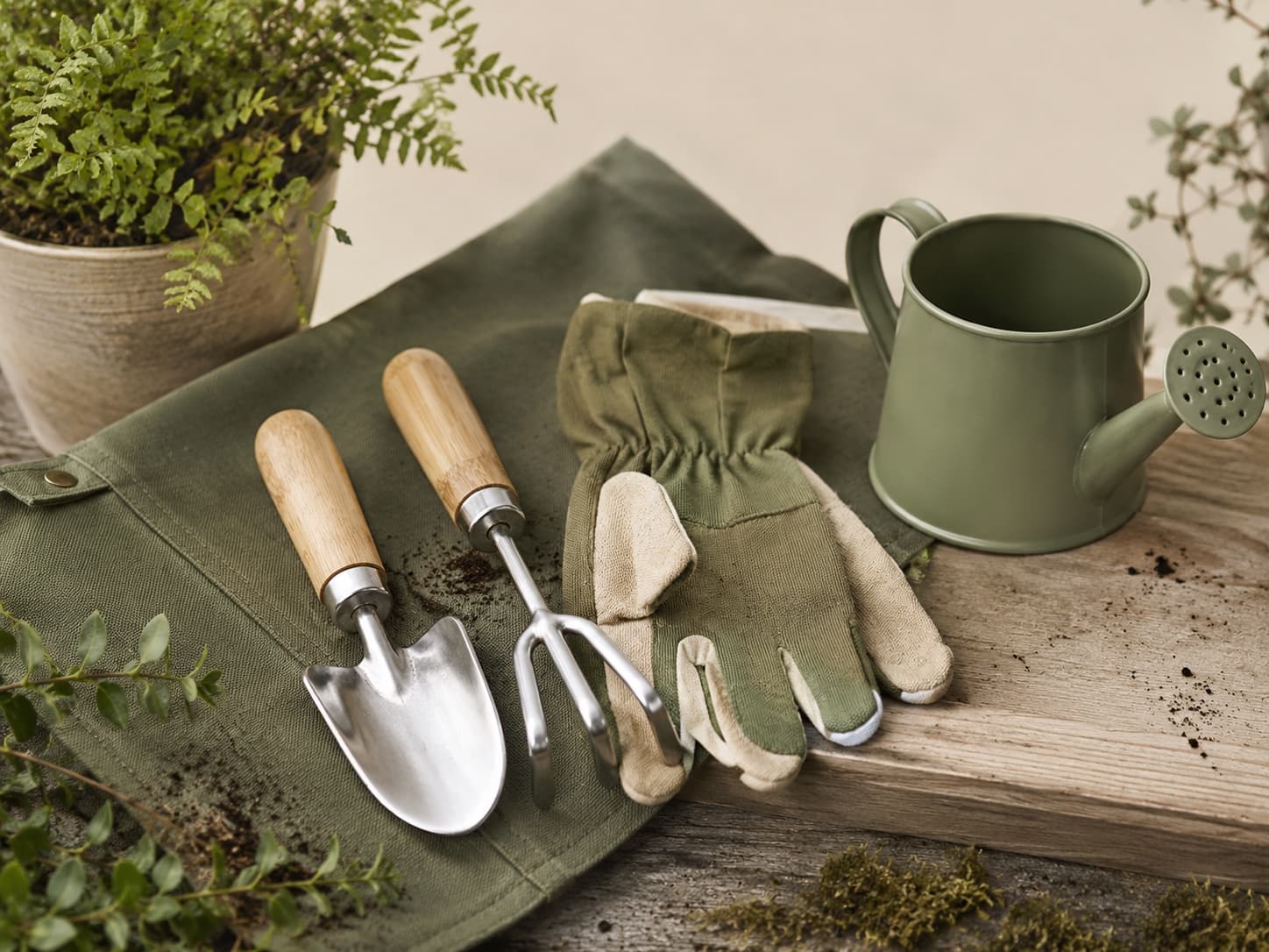 Kids' Garden Helper Set garden tool set arranged on a workbench