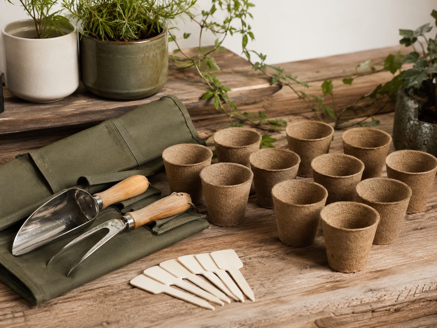 Potting Bench Kit garden tool set arranged on a workbench