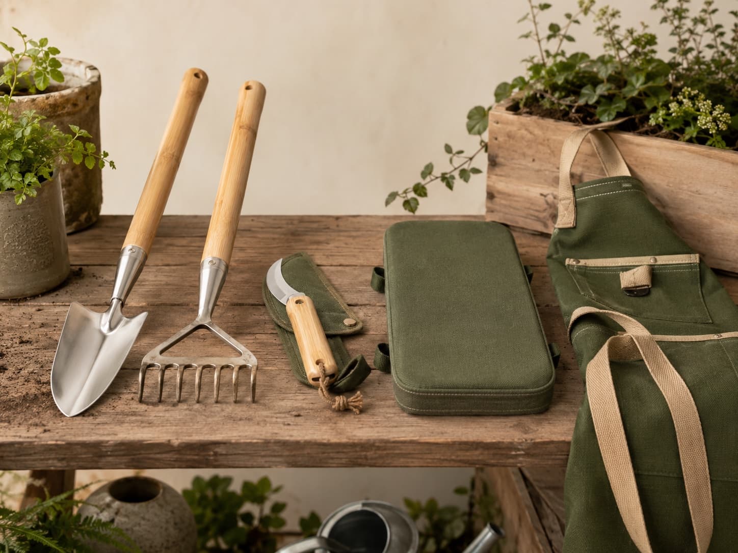 Raised Bed Set garden tool set arranged on a workbench