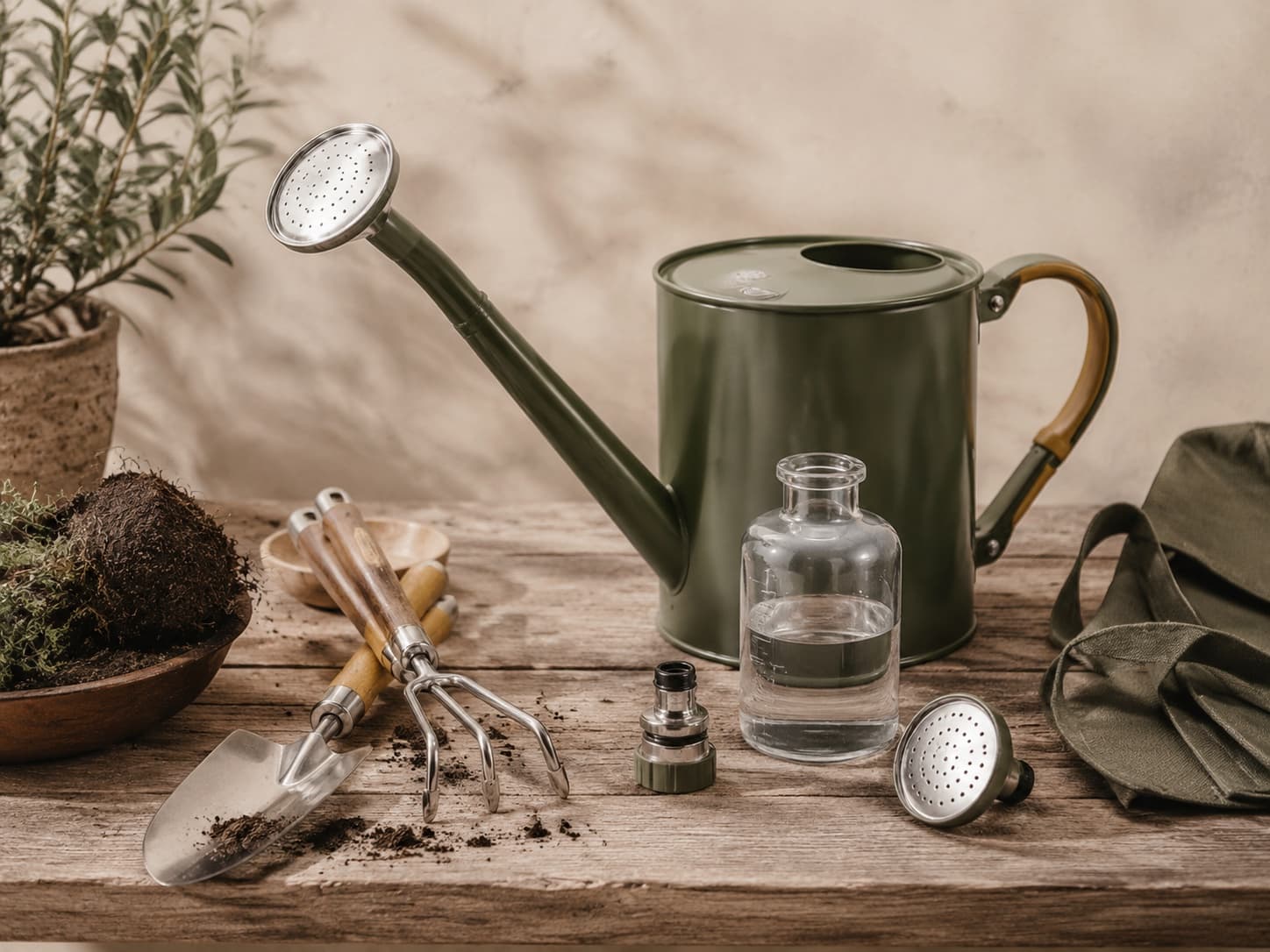 Watering Essentials garden tool set arranged on a workbench